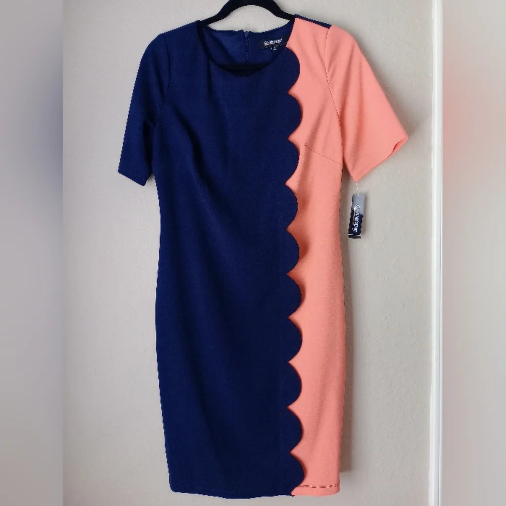 Glamour Navy Blue and Peach Color Sheath Mini Dress Size 10 - Picture 1 of 8